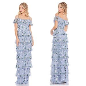 MAC DUGGAL Beaded Floral Tiered Chiffon Column Gown in Stormy Blue Size US 0